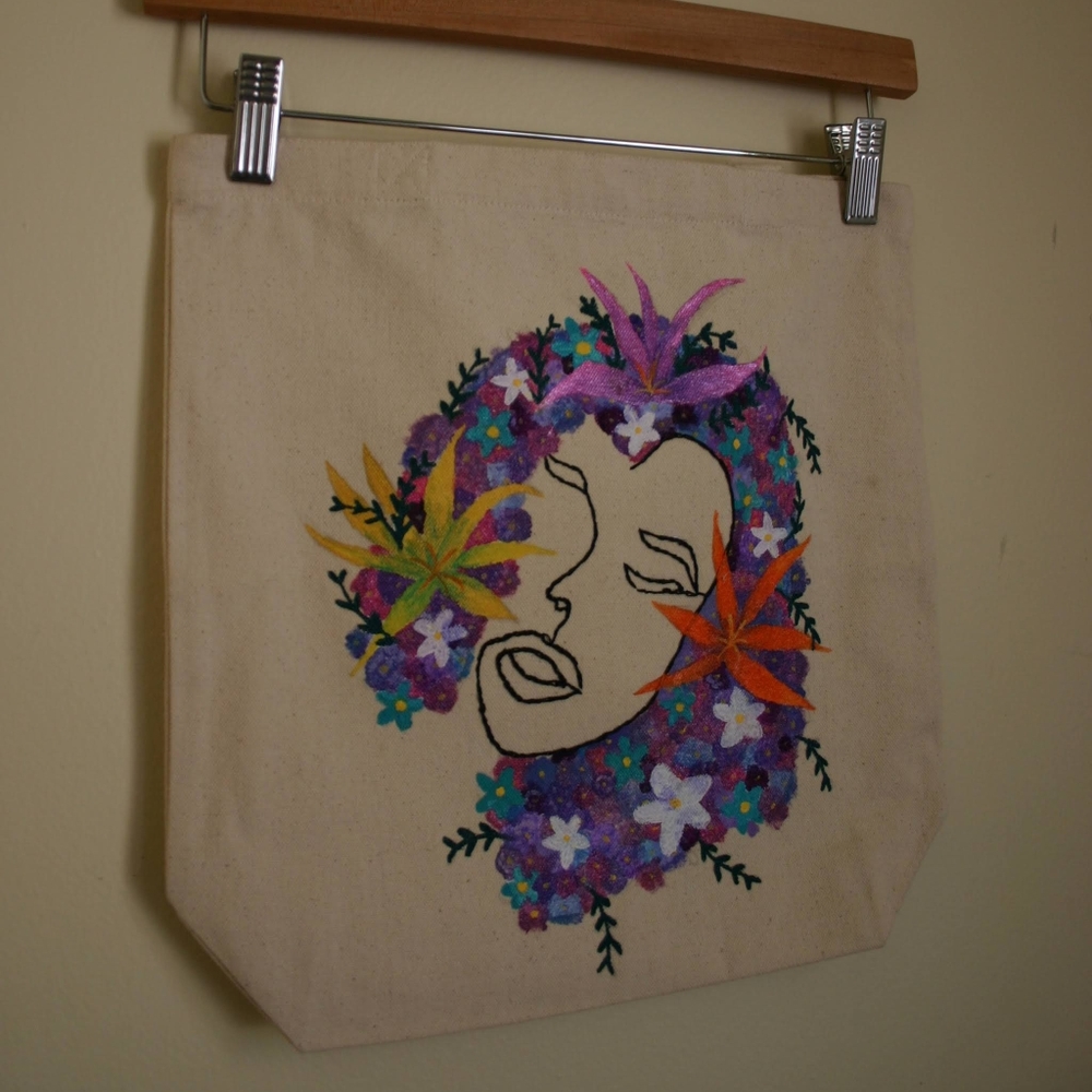 SOLD Handpainted and embroidered cavas tote